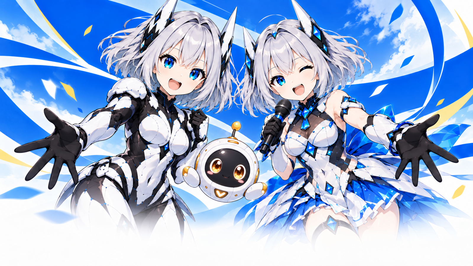 メカノ姫βの二つの姿とピコが並ぶ公式ビジュアル
